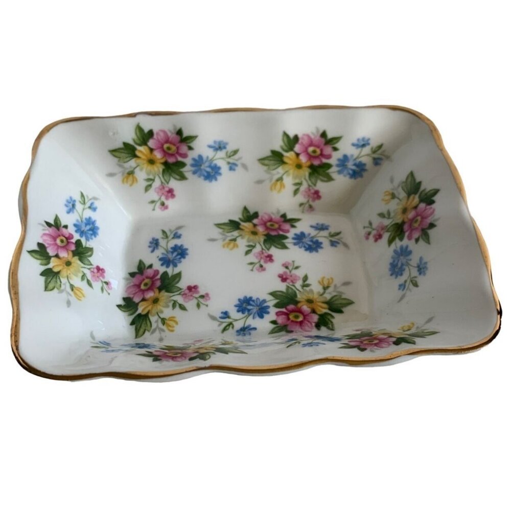 Royal Victoria Floral Trinket Candy Dish Pink/Yellow Flowers & Gold Trim